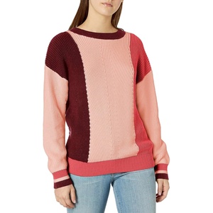 image:imageCable Stitch Womens Colorblock Crewneck Sweater Long Sleeve RibKnit Shaker Stitch Pullover Top Small MultiPink